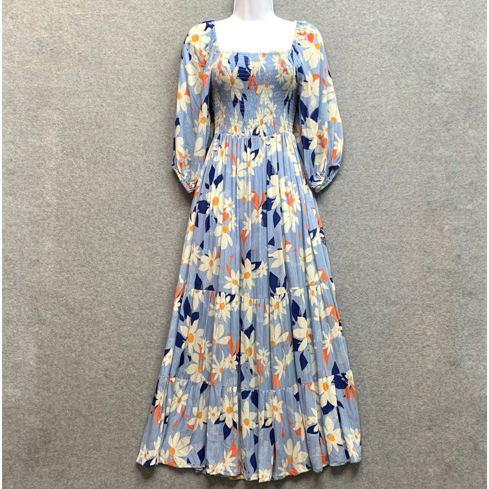 Womens Cottagecore Prairie Maxi Dress Smocked Long Sleeve Size S Blue Crinkle